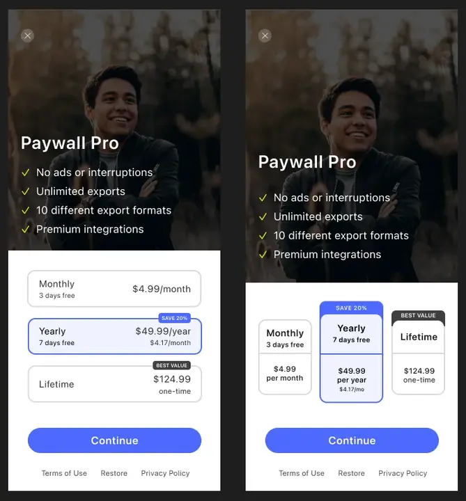 The vertical (left) and horizontal (right) paywall blueprints, side-by-side.