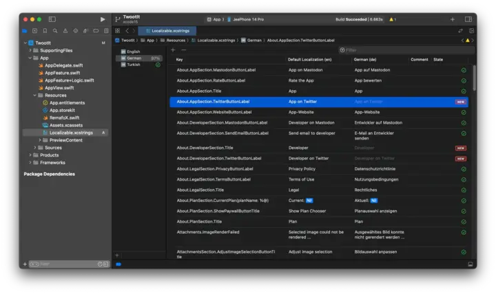 The lack of a green checkmark for the German language indicates that the translation is incomplete.