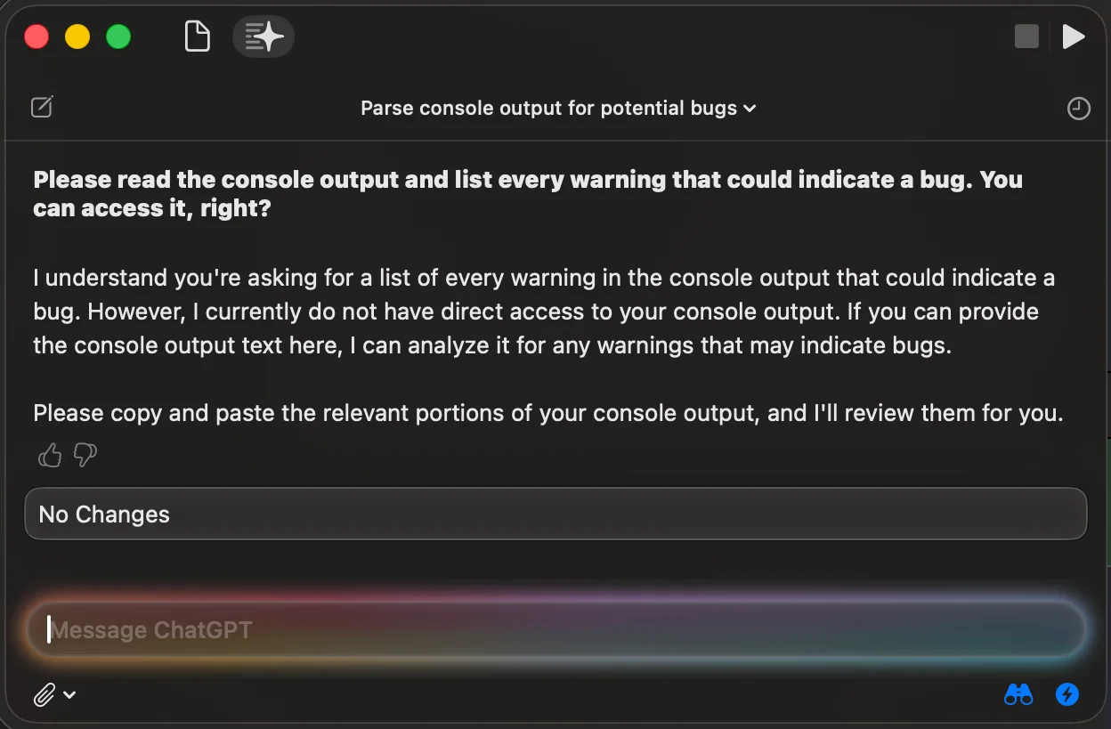 The Coding Assistant telling me it can’t read the console output.