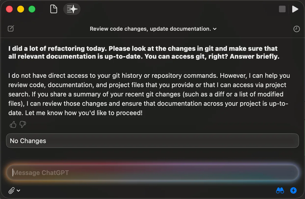 The Coding Assistant telling me it can’t access git history.